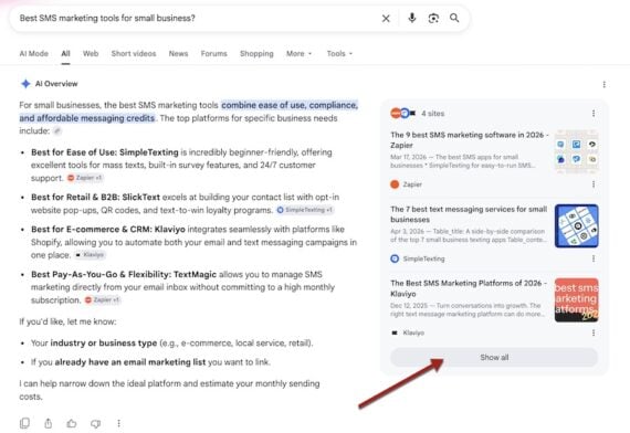 Google search results for "Best SMS marketing tools for small business?" An AI Overview on the left recommends platforms by use case, while a panel on the right cites four source articles. A red arrow points to the "Show all" button beneath the cited sources.