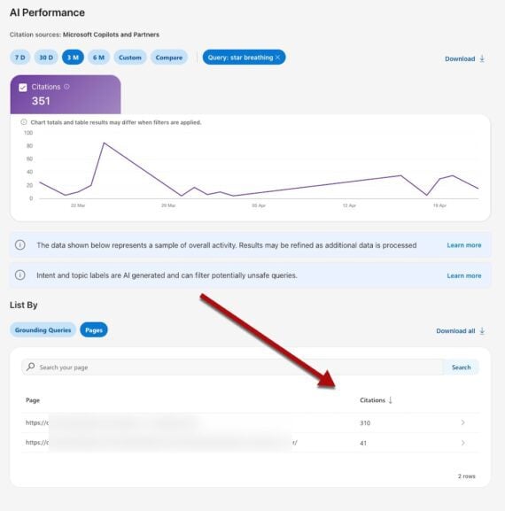 Captura de tela do Relatório de desempenho do Bing AI mostrando as citações por página.