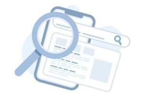 Illustration of a magnifying glass over AI search concepts