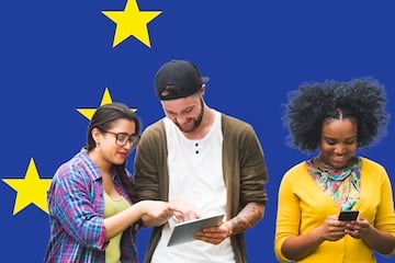 Image of three consumers in front of a E.U. flag
