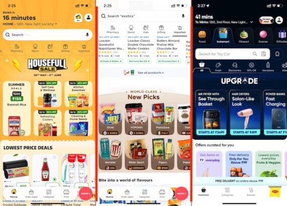 Screenshots of Blinkit home page, Blinkit imported category, and Swiggy Instamart.