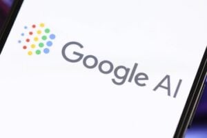 Illustration on a smartphone of "Google AI" text/logo