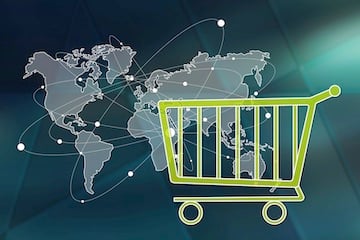 Illustration of a shopping cart on a global map