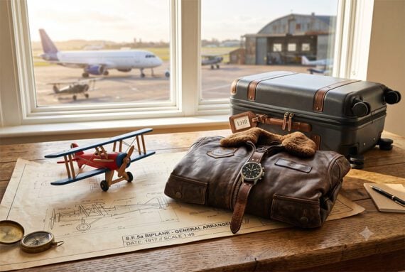 Image of a flight gear on a desk with an airplane in the background