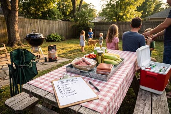 Image of a backyard scene with a picnic table and a family
