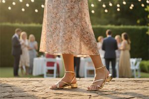 An AI-generated female in a floral dress wearing gold strappy sandals at an outdoor garden event, string lights and guests in background.