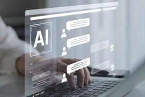 Illlustration of AI prompts and answers superimposed over a keyboard