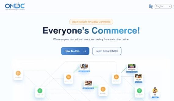ONDC home page ONDC home page with headline 'Everyone's Commerce!' and network diagram showing seller and buyer apps