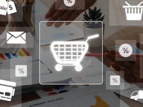 Illustration of a shopping cart surrounded by digital concepts