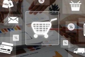 Illustration of a shopping cart surrounded by digital concepts