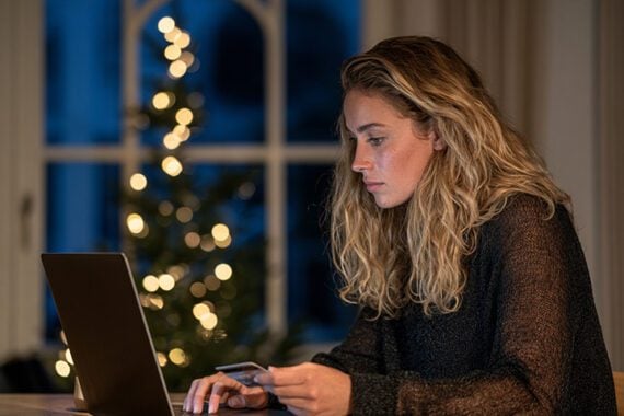 Female shopping on a laptop in front of a Christmas tree. Female shopping on a laptop in front of a Christmas tree.