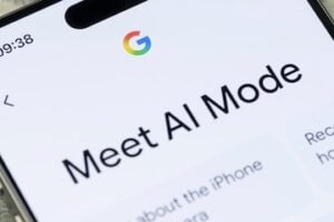 Text "Meet AI Mode" on a smartphone screen