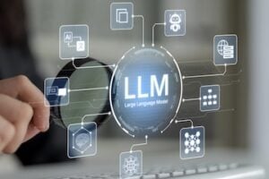 Illustration of an abstract LLM concept over a keyboard