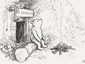 Winnie-the-Pooh cartoon featuring Winnie sitting on a log by a fire