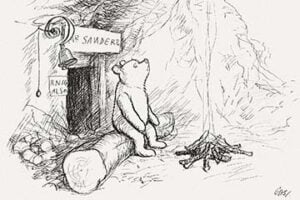 Winnie-the-Pooh cartoon featuring Winnie sitting on a log by a fire