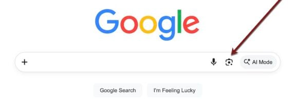 Google home page with an arrow pointing to the camera icon in the search bar, which opens image search. Google home page with an arrow pointing to the camera icon in the search bar, which opens image search.