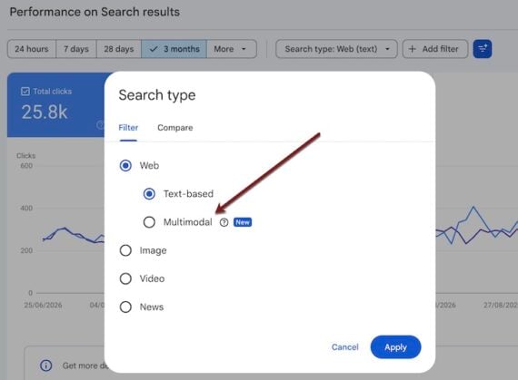 Search Console's "Search type" menu with an arrow pointing to the new Multimodal option under Web. Search Console's "Search type" menu with an arrow pointing to the new Multimodal option under Web.