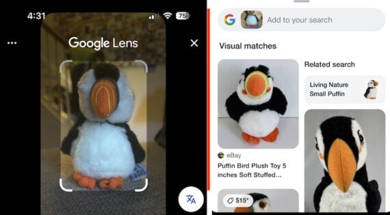 Google Lens on a phone scanning a plush puffin toy (left), and the visual match results showing similar puffin toys, including an eBay listing (right). Google Lens on a phone scanning a plush puffin toy (left), and the visual match results showing similar puffin toys, including an eBay listing (right).