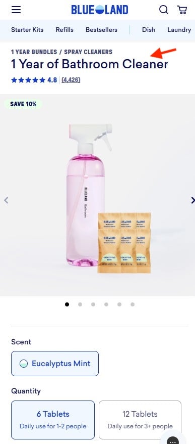 "1 Year of Bathroom Cleaner" product page showing a spray bottle with six refill tablets and quantity options: 6 tablets for daily use by 1–2 people, 12 tablets for 3 or more.