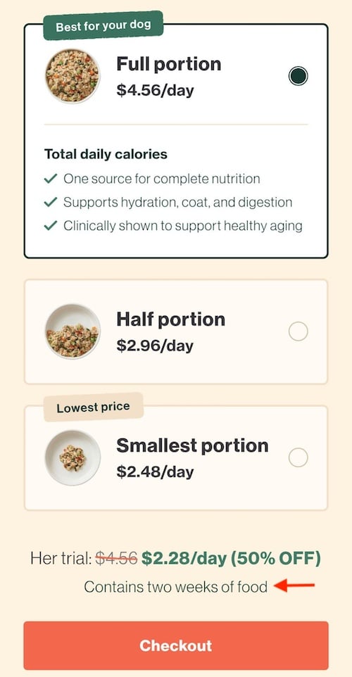 The Farmer's Dog portion selector showing three bowls of food in different sizes, full, half, and smallest portion, each priced per day, with a note that the trial contains two weeks of food.