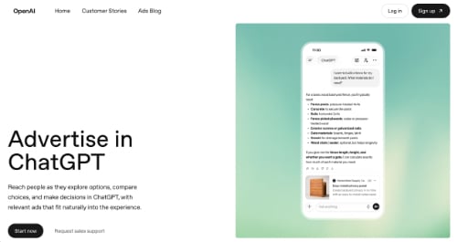 Web page for OpenAI's Advertise in ChatGPT