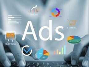 Illustration of the word "Ads" next to a laptop and digital media concepts
