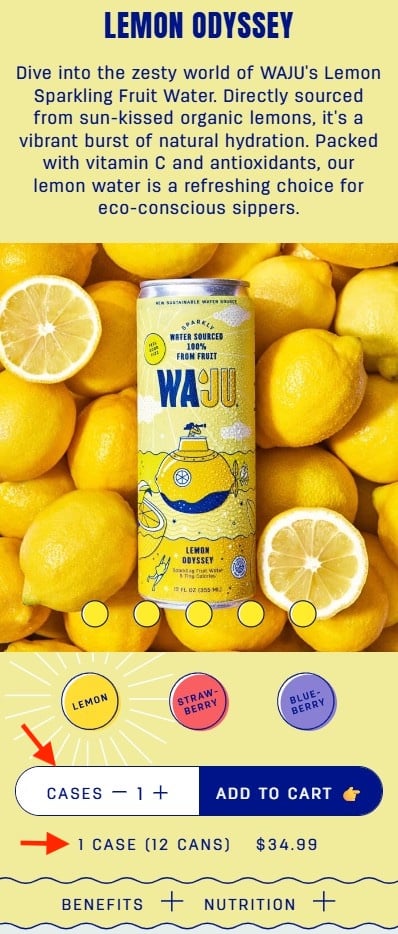 Waju Lemon Odyssey product page on mobile with a quantity selector labeled "Cases" and a line below it reading "1 case (12 cans), $34.99."
