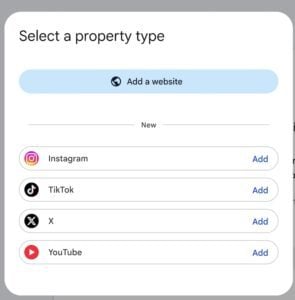 Google Search Console's "Select a property type" menu, Google Search Console's "Select a property type" menu, showing "Add a website" plus new options to add Instagram, TikTok, X, and YouTube properties.