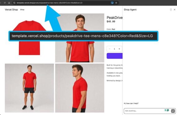 Screenshot of a Vercel Shop product page for the PeakDrive men’s tee. Screenshot of a Vercel Shop product page for the PeakDrive men’s tee at $48. The page shows a red T-shirt in four photos: a flat lay, a male model facing forward, a full-length shot with black shorts, and a side profile. An enlarged callout with a blue arrow points to the browser’s address bar, which reads template.vercel.shop/products/peakdrive-tee-mens-c8e348?Color=Red&Size=LG. The URL shows the selected color and size as parameters. A “Shop Agent” chat panel on the right reads “Hi, how can I help?”