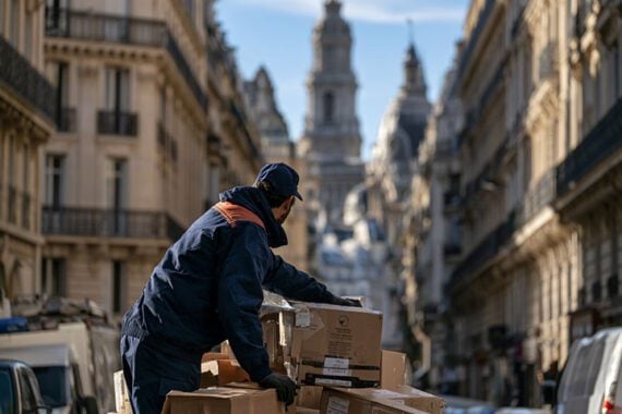 Photo of a delivery driver with parcels in a European city. Photo of a delivery driver with parcels in a European city.