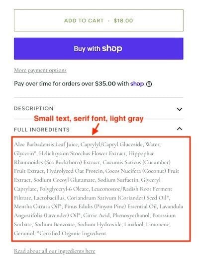 Mobile product page with the full ingredients section Mobile product page with the Full Ingredients section expanded, showing a long list of ingredient names in small, thin, light gray serif text below a purple "Buy with Shop" button.