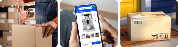 Three photos showing the ecommerce shipping cycle Three photos showing the ecommerce shipping cycle: a warehouse worker taping a cardboard box, a shopper viewing an espresso machine in a retail app on a smartphone, and a delivered package on a doorstep mat.