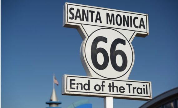 Sign reading "Santa Monica 66 End of the Trail"