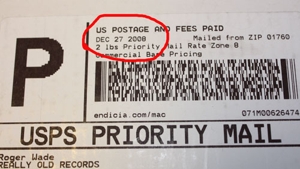 Photograph of the Really Old Records shipping label showing that it took five days for the order to ship.