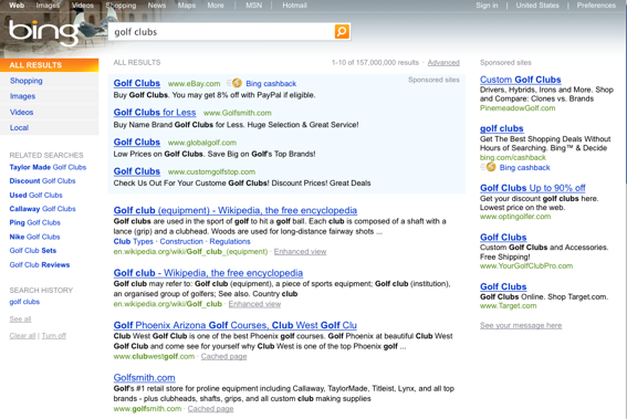 Bing search results for "golf clubs".
