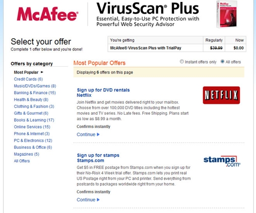 TrialPay Offers on McAfee-branded Page