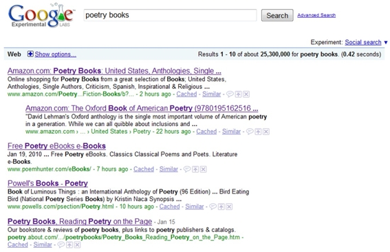 Screenshot of Google search results for "poetry books."