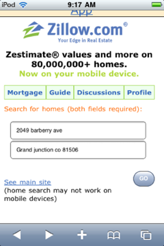 Zillow home page on mobile-optimized site.