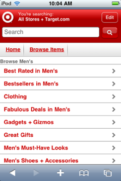 Target home page on mobile-optimized site.
