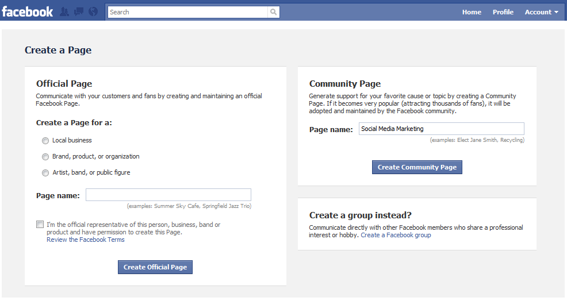 Screenshot of Facebook's Create a Page.
