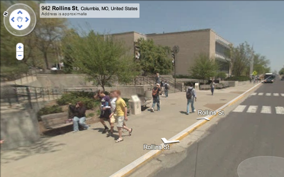 Google claims it blurs recognizable faces, as in this photo of people walking along Rollins Street in Columbia, Mo.