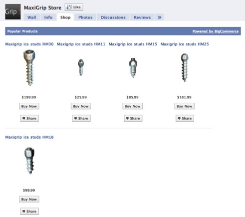 Example of a Big Commerce SocialShop store on Facebook.