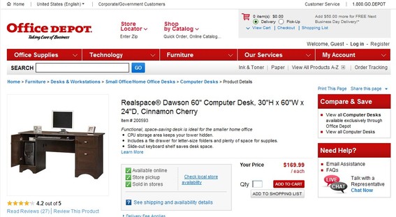 Screenshot of Office Depot's product description of a computer desk.