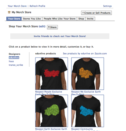 Screenshot of a My Merch Store powered by Zazzle.