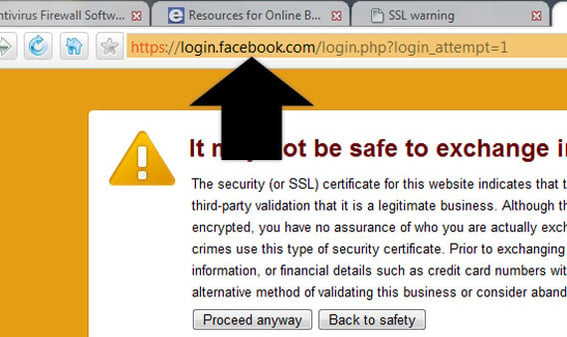 Detail of Comodo Dragon security warning showing Facebook URL.