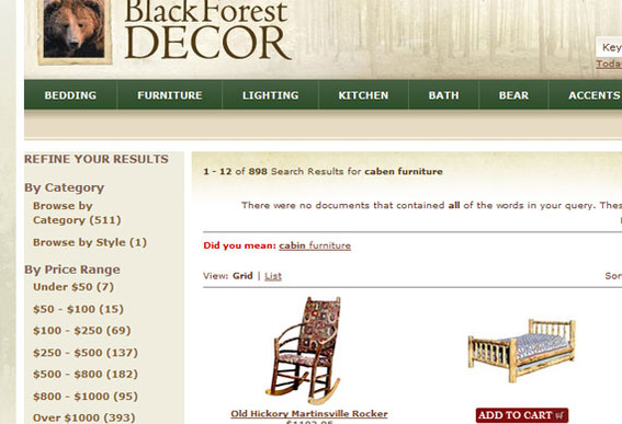 The Black Forest Decor results page generated products for "caben furniture."