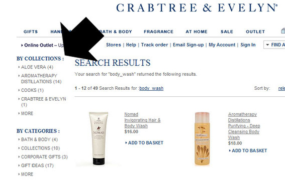 Site search on Crabtree & Evelyn showing suggested filters and layers.