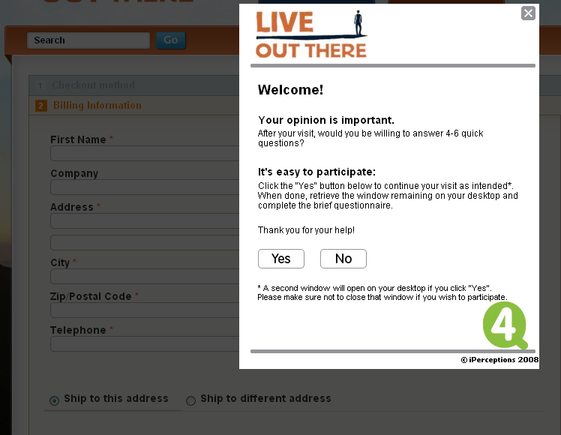 Survey pop-up on LiveOutThere.com checkout page.