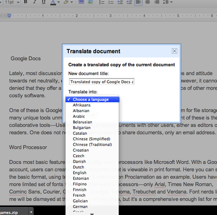 Translation feature on Google Docs.