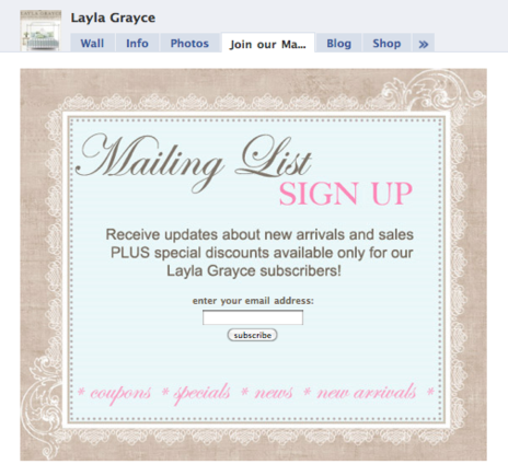 Layla Grayce's mailing list sign-up.